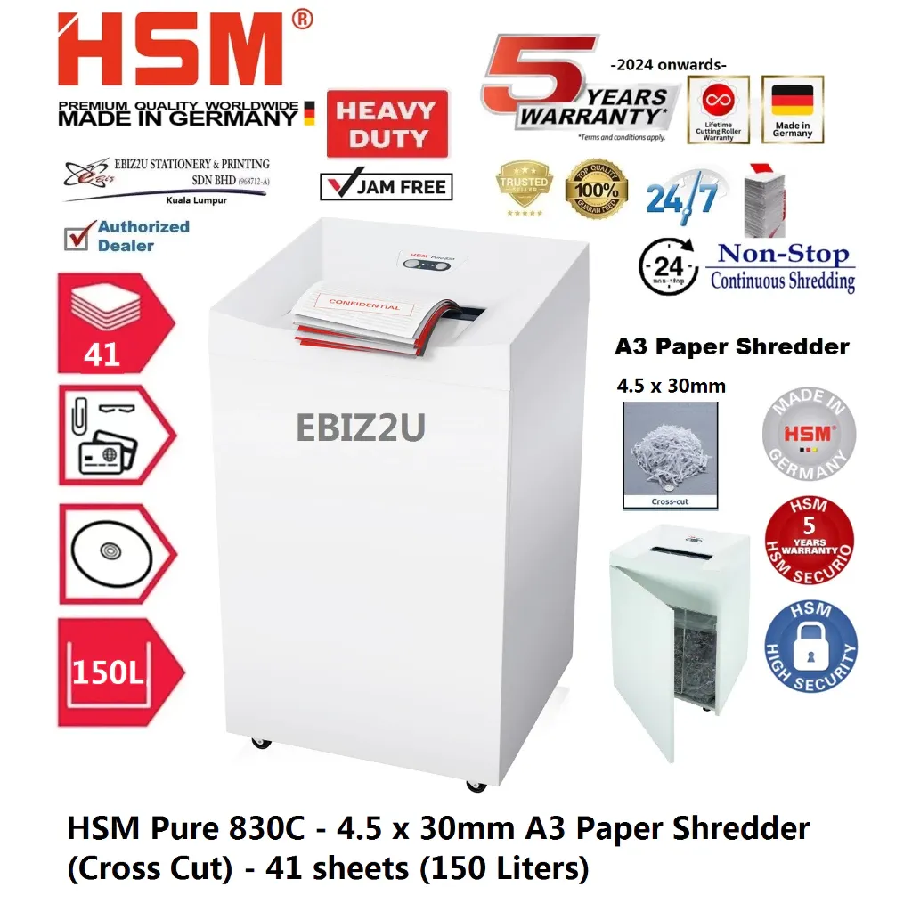 HSM Pure 830C - 4.5 x 30mm A3 Paper Shredder (Cross Cut) - 41 sheets (150 Liters)