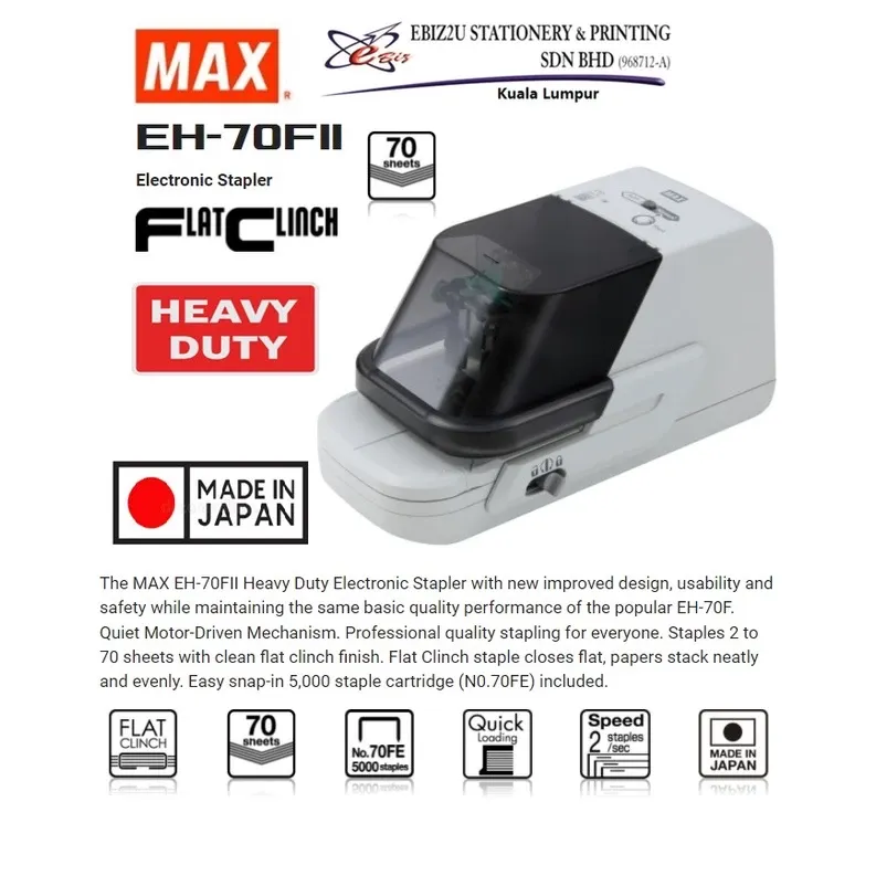 Max EH-70F II Max Electronic EH-70FII Stapler, 70 Sheet Capacity alat pengokot, kawat, stapler paper