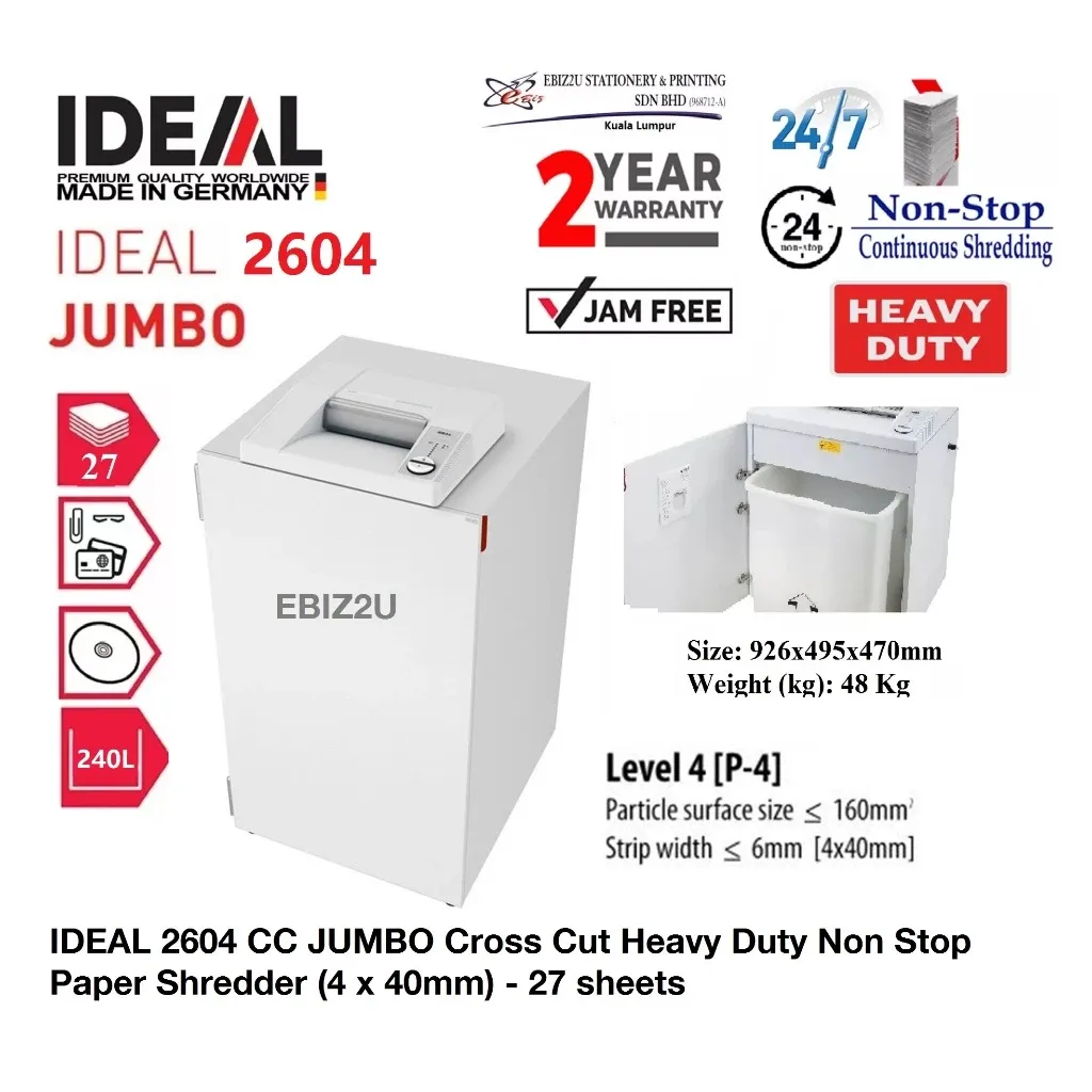 IDEAL 2604 CC 4 x 40mm JUMBO Cross Cut Heavy Duty Non Stop Paper Shredder - 27 sheets 240 Liters