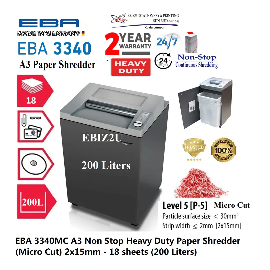 EBA 3340MC A3 Non Stop Heavy Duty Paper Shredder (Micro Cut) 2x15mm - 18 sheets (200 Liters)