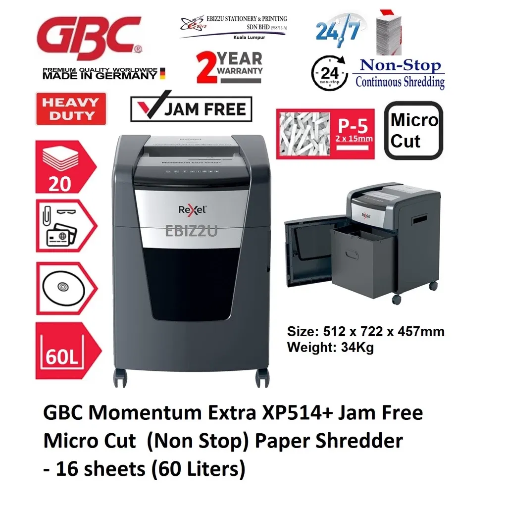 GBC Momentum Extra XP514+ Jam Free Micro Cut (Non Stop) Paper Shredder - 16 sheets (60 Liters)