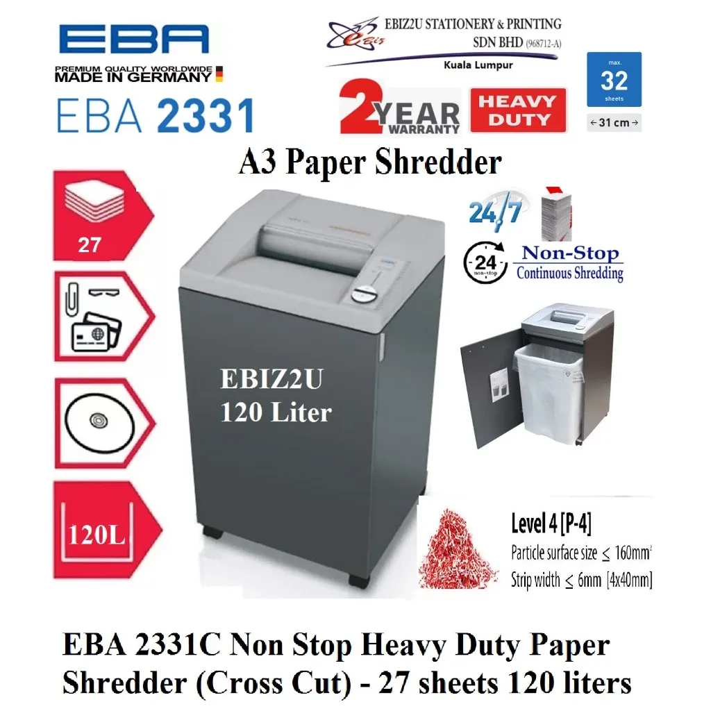 EBA 2331 C Non Stop Heavy Duty A3 Paper Shredder (Cross Cut) 4x40mm - 27 sheets (120 liters)
