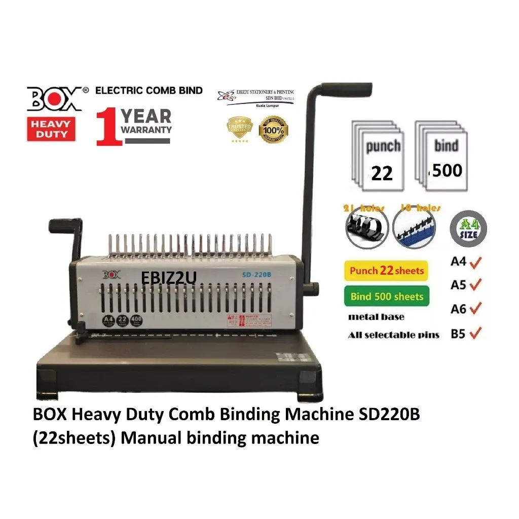 BOX Heavy Duty Comb Binding Machine SD220B (22sheets) Manual binding machine, heavy duty binder
