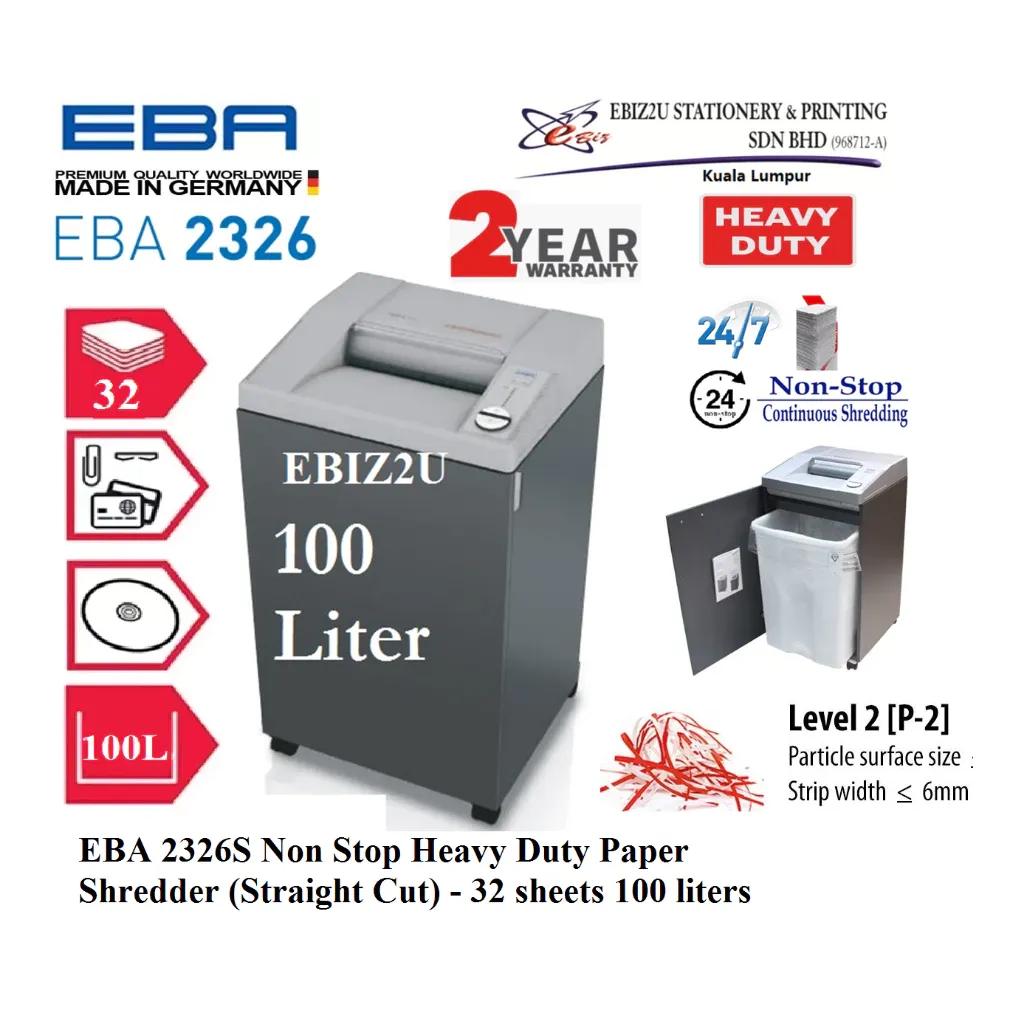 EBA 2326S Non Stop Heavy Duty Paper Shredder (Straight Cut) 4mm-32 sheets (100 liters)