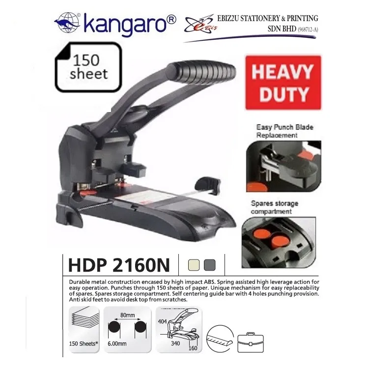 KANGARO HDP-2160N 2 Hole Heavy Duty Puncher, 150 Sheets, Black or Grey (penumbuk 2 lubang, puncher