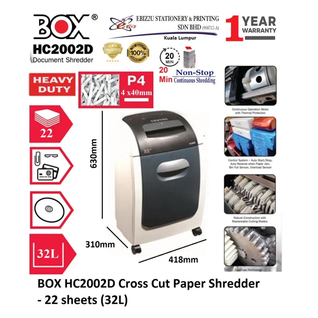 BOX HC2002D Paper Shredder Coss Cut 4 x 44mm - 22 Sheets (32L) MESIN MENCARIK KERTAS