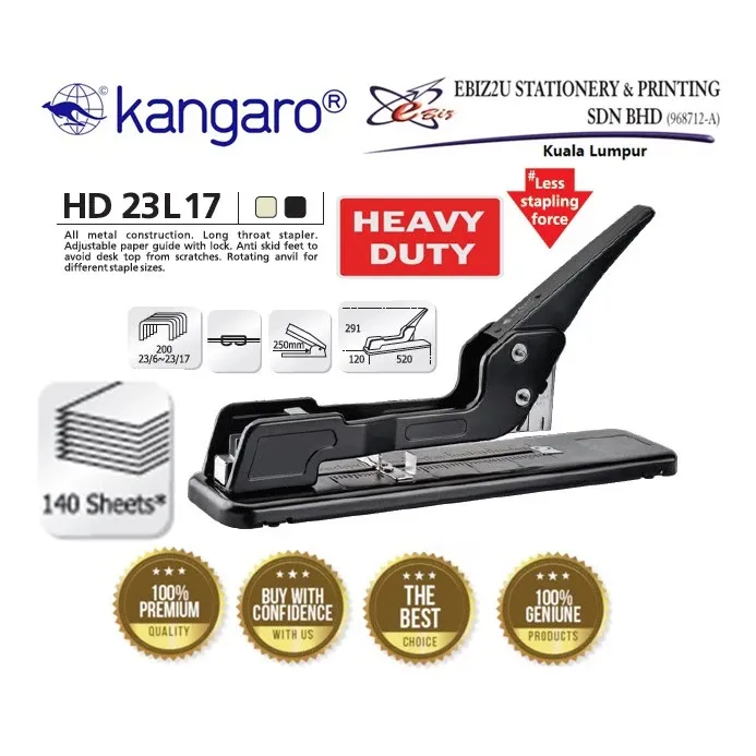 KANGARO HD-23L17 HEAVY DUTY LONG TROAT STAPLER - 140 sheets (alat pengokot, kawat, stapler paper