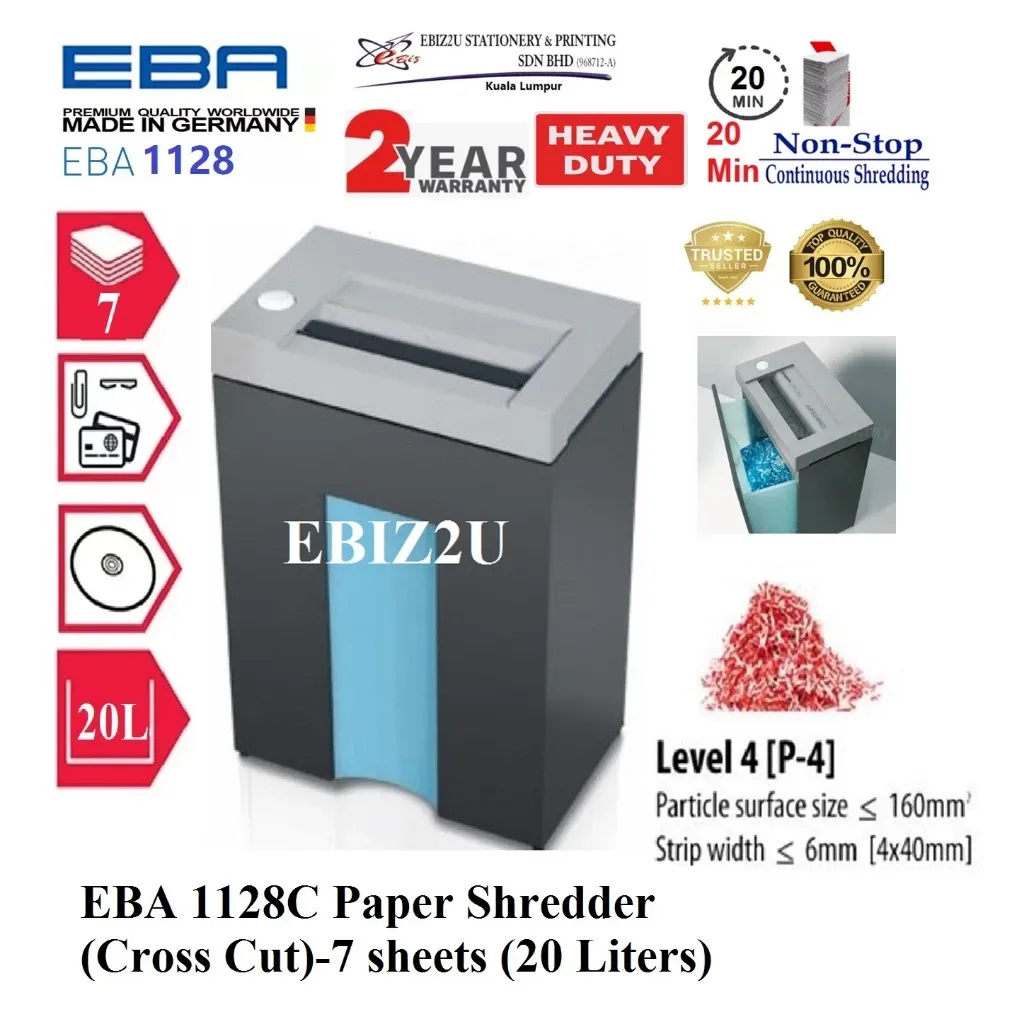 EBA 1128C Paper Shredder (Cross Cut) 3x25mm -7 sheets (20 Liters) 1128 , Cross Cut