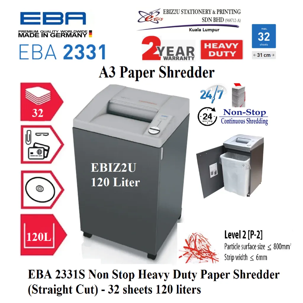 EBA 2331S Non Stop Heavy Duty A3 Paper Shredder (Straight Cut) 4mm - 32 sheets (120 liters)