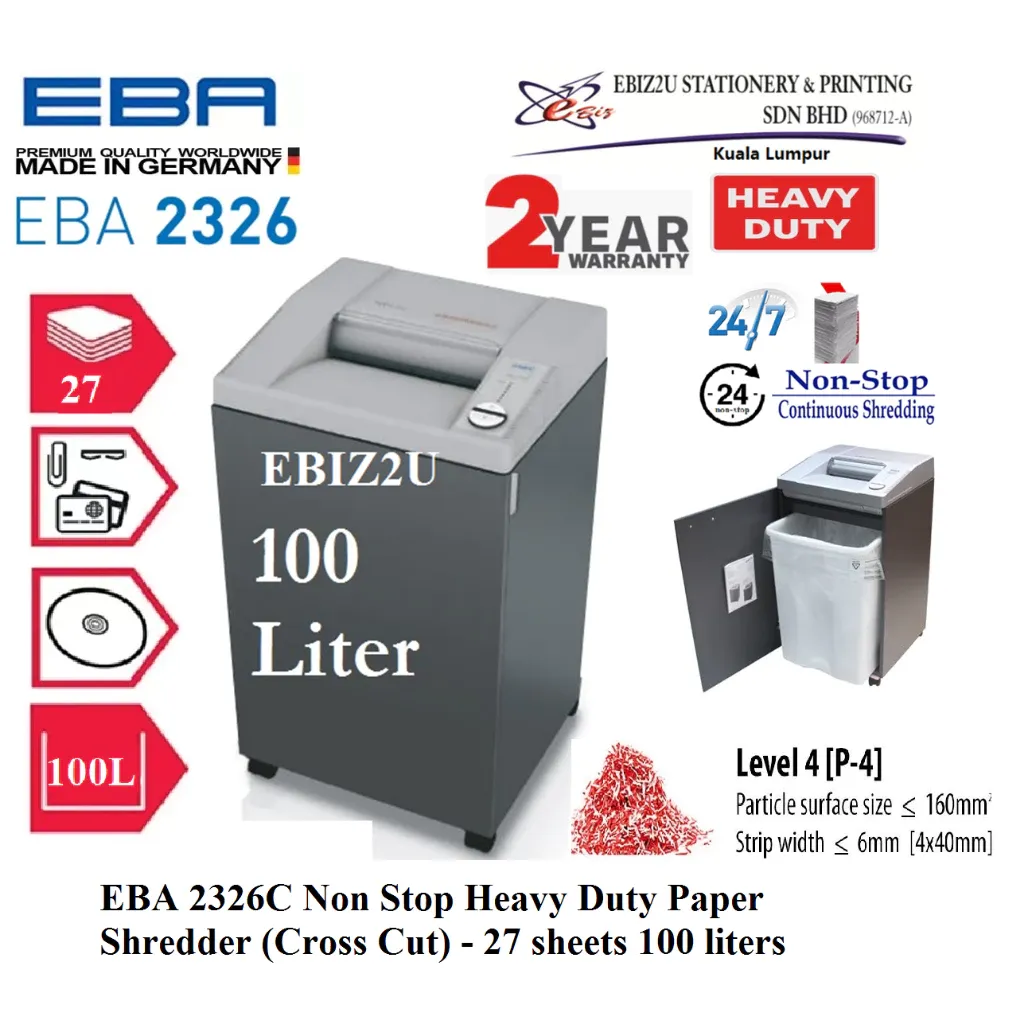 EBA 2326C Non Stop Heavy Duty Paper Shredder (Cross Cut) 4x40mm - 27 sheets (100 liters)
