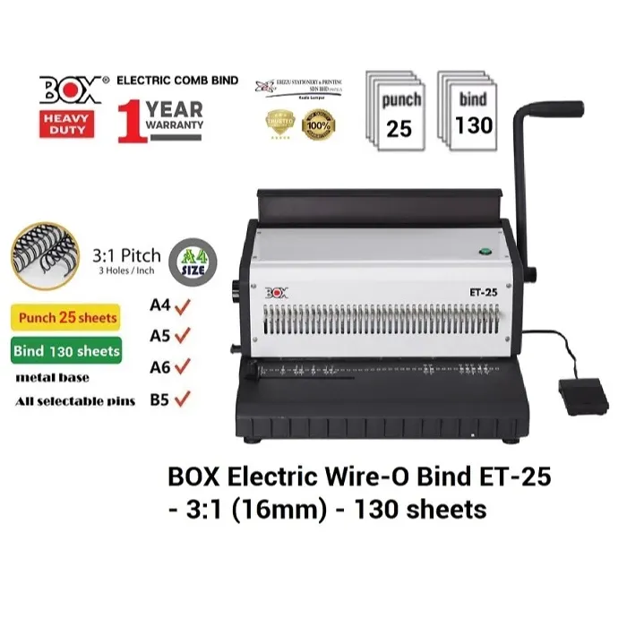 BOX Electric Wire-O Bind ET-25 - 3:1 (16mm) - 130 sheets Wire Binder Machine, heavy duty