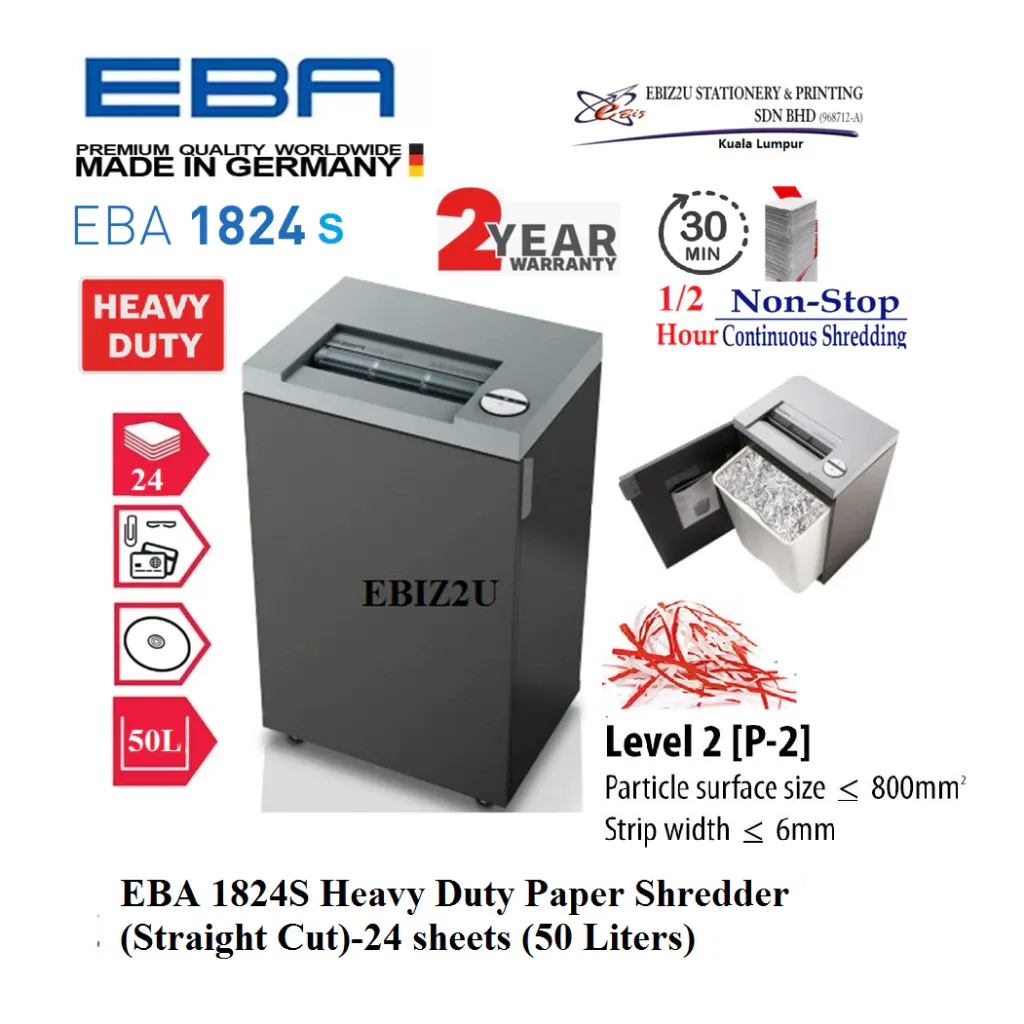 EBA 1824S Heavy Duty Paper Shredder (Straight Cut) 4mm -24 sheets (50 Liters) 1824 (30 minutes non stop)