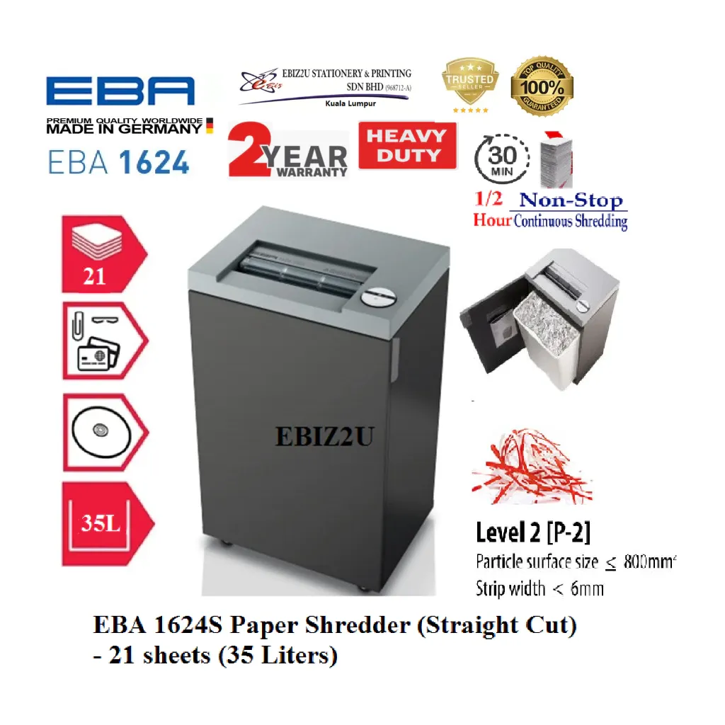 EBA 1624S Paper Shredder (Straight Cut) 4mm - 21 sheets (35 Liters) 1624 (Strip Cut, 1624S)