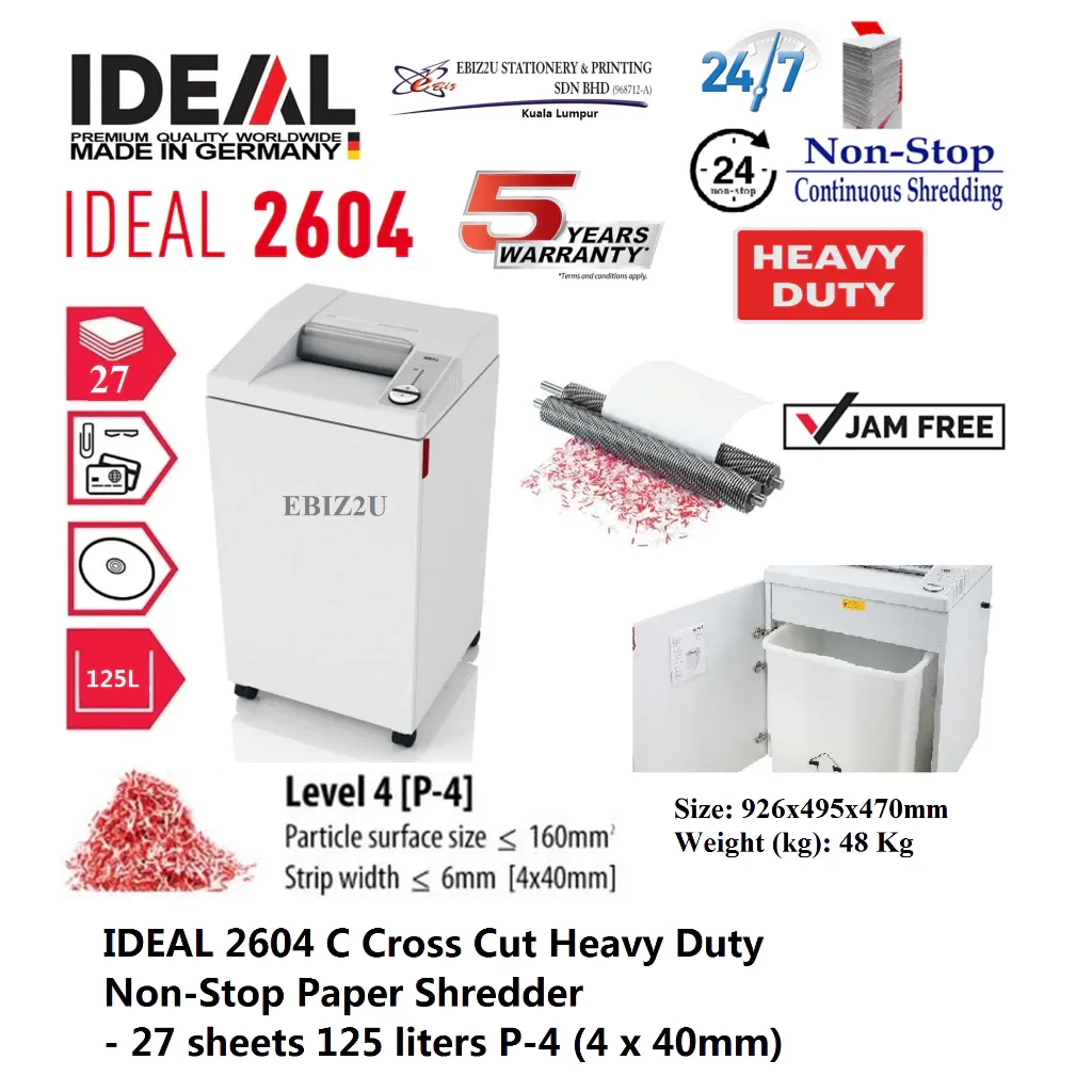 IDEAL 2604 C 4 x 40mm Cross Cut Heavy Duty Non-Stop Paper Shredder - 27 sheets 100 liters 2604C