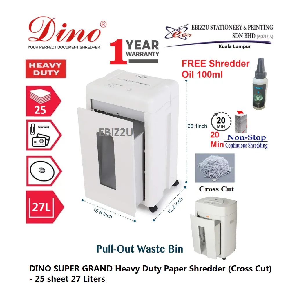 DINO SUPER GRAND Paper Shredder (Cross Cut) 4 x 35 mm - 25 sheet 27 Liters MESIN PENJILID
