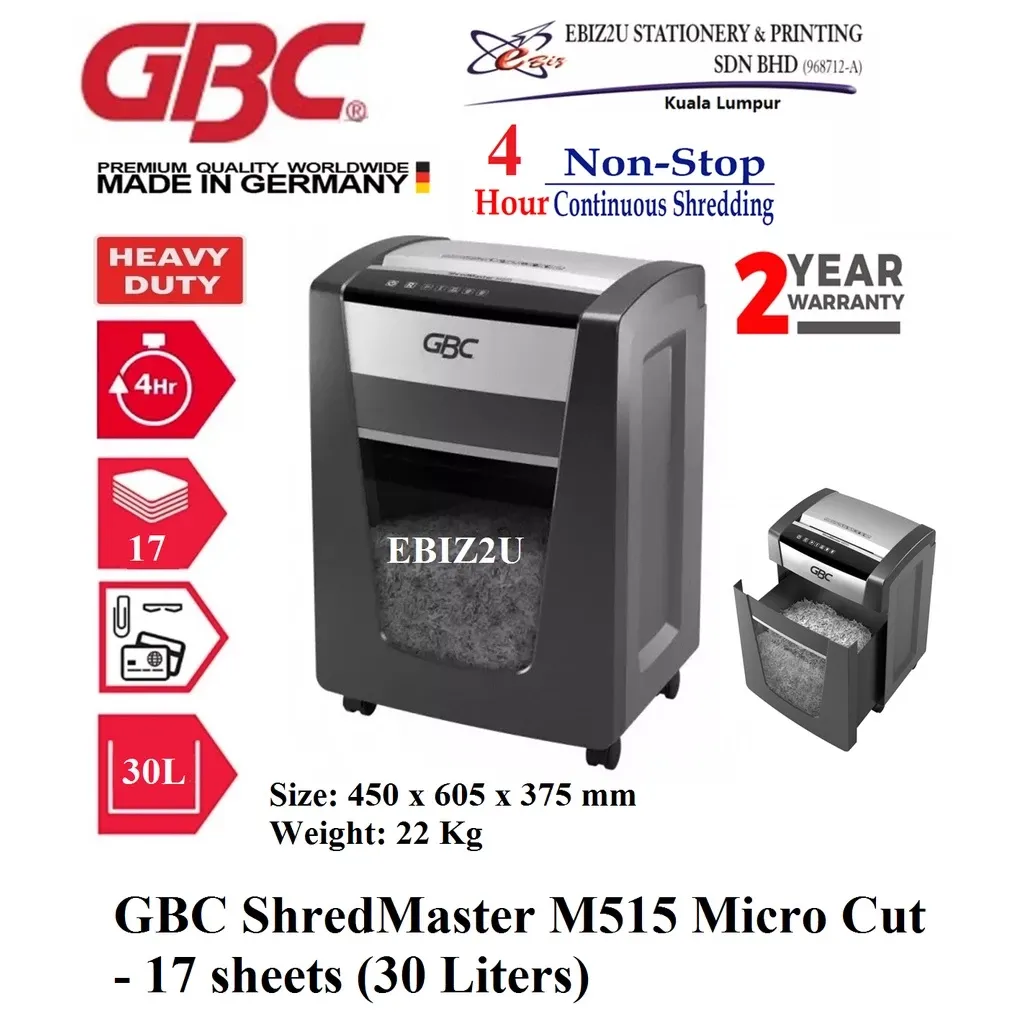GBC ShredMaster M515 (4 Hours Non Stop) Paper Shredder Micro Cut - 17 sheets (30 Liters)