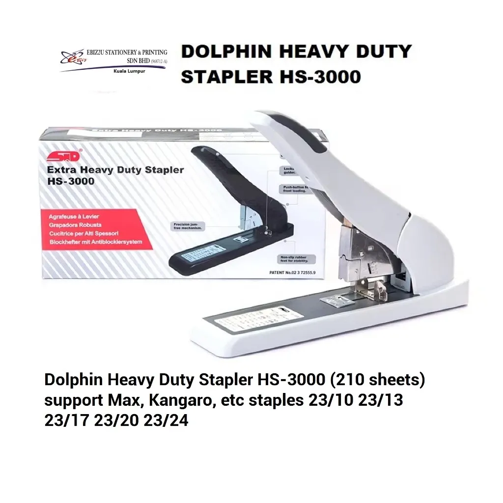 Dolphin Heavy Duty Stapler HS-3000 -210 sheets - Max, Kangaro, staples 23/10 23/13 23/17 23/20 23/24