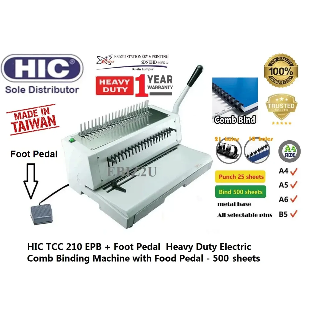 HIC TCC 210 EPB + Foot Pedal Heavy Duty Electric Comb Binding Machine with Food Pedal - 500 sheets