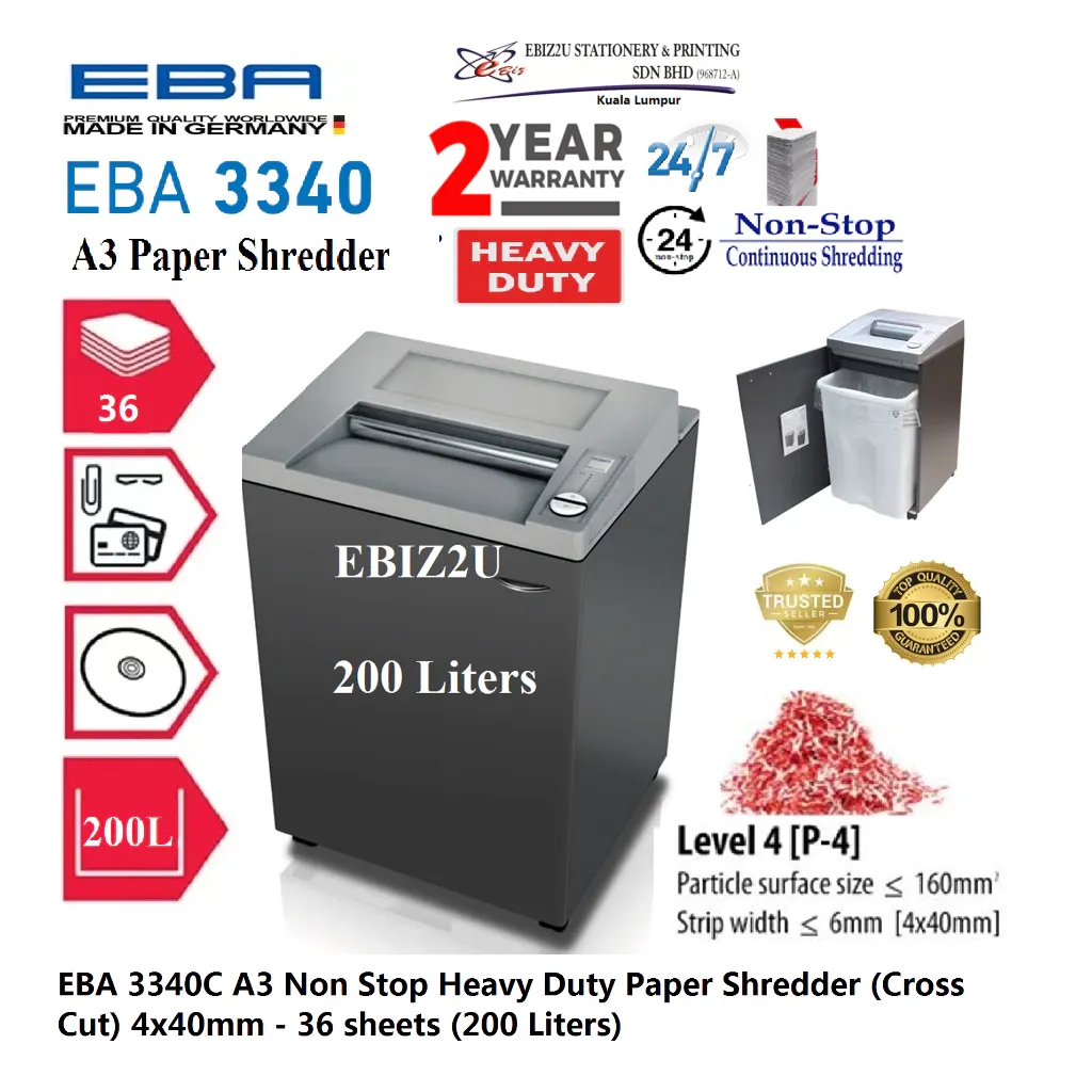 EBA 3340C A3 Non Stop Heavy Duty Paper Shredder (Cross Cut) 4x40mm - 36 sheets (200 Liters)