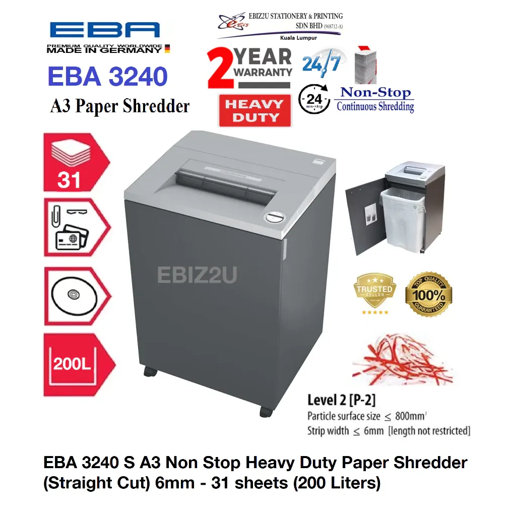 EBA 3240 S A3 Non Stop Heavy Duty Paper Shredder (Strip Cut) 6mm - 31 sheets (200 Liters)