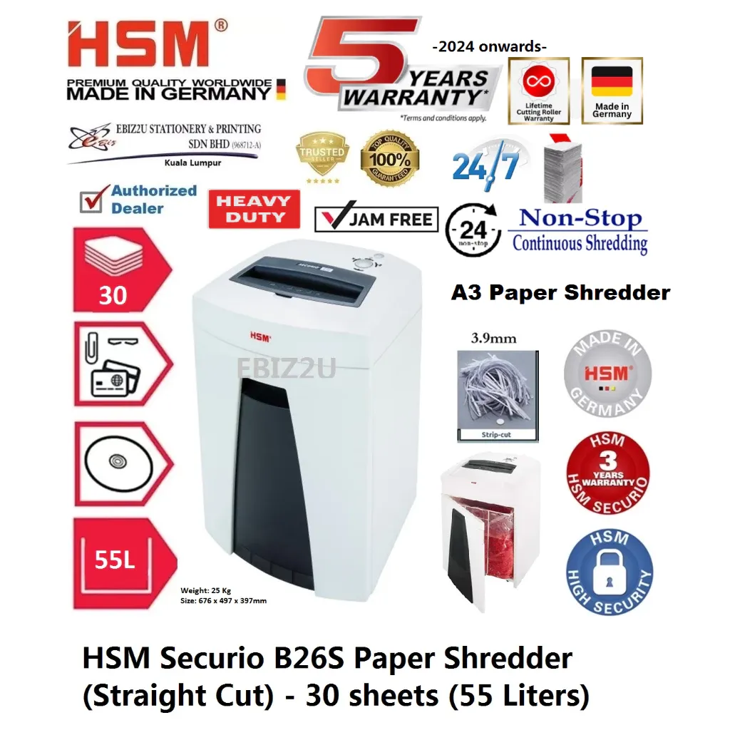 HSM Securio B26 S A3 Heavy Duty Paper Shredder Straight Cut 3.9mm 5.8mm 30 sheets (55 Liters)