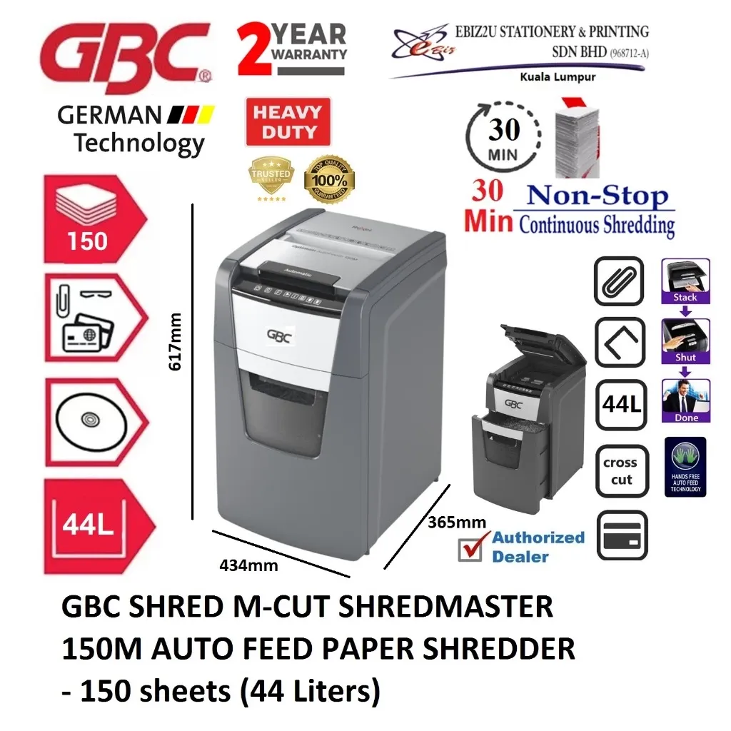 GBC SHRED M-CUT SHREDMASTER 150M AUTO FEED PAPER SHREDDER - 150 sheets (44 Liters) MESIN PERINCIH