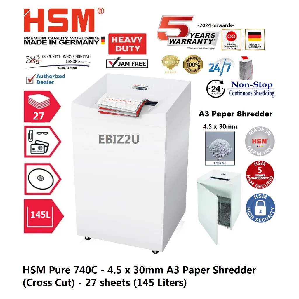 HSM Pure 740C - 4.5 x 30mm A3 Paper Shredder (Cross Cut) - 27 sheets (145 Liters)