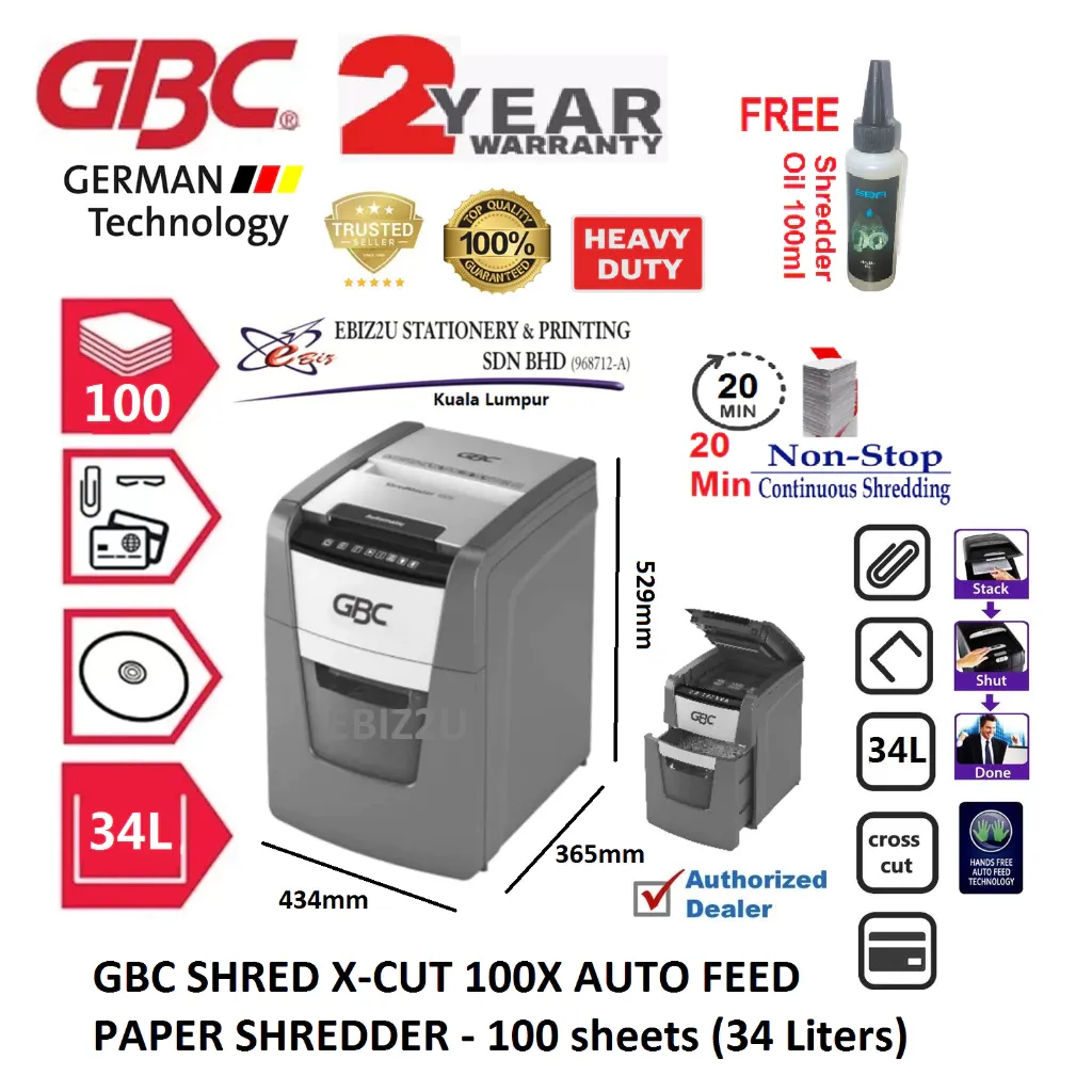 GBC SHRED X-CUT 100X AUTO FEED PAPER SHREDDER - 100 sheets (34 Liters) MESIN PENJILID