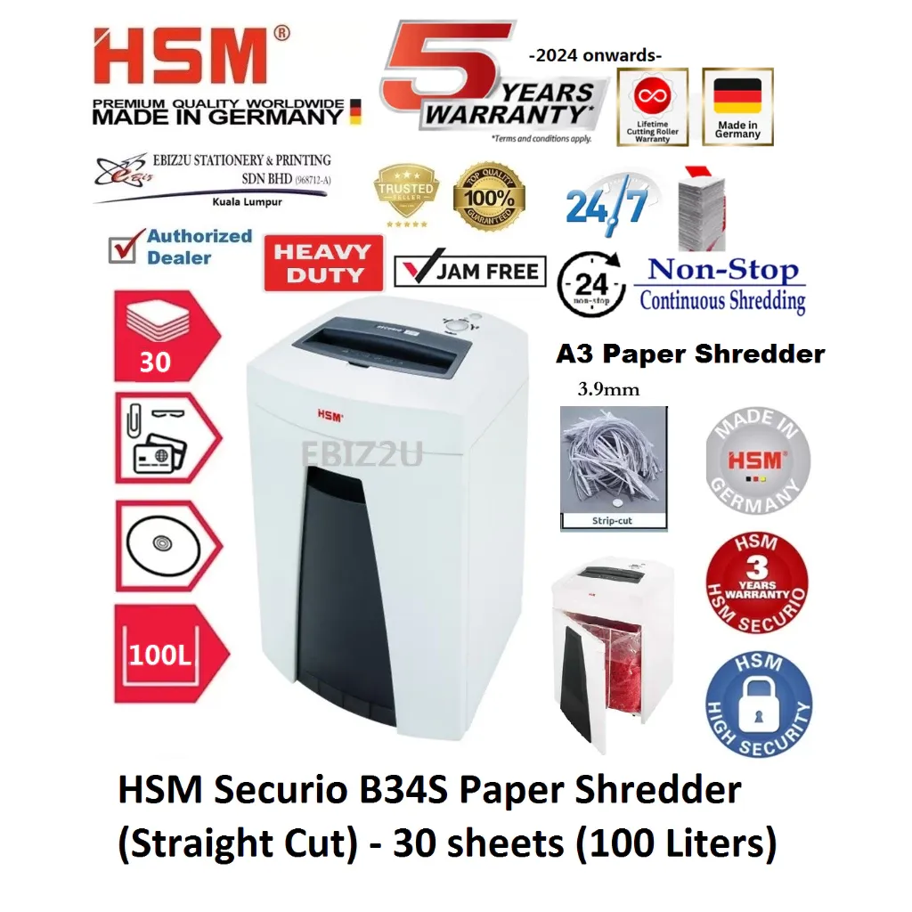 HSM Securio B34 S A3 Paper Shredder (Straight Cut) 3.9 mm - 30 sheets (100 Liters)