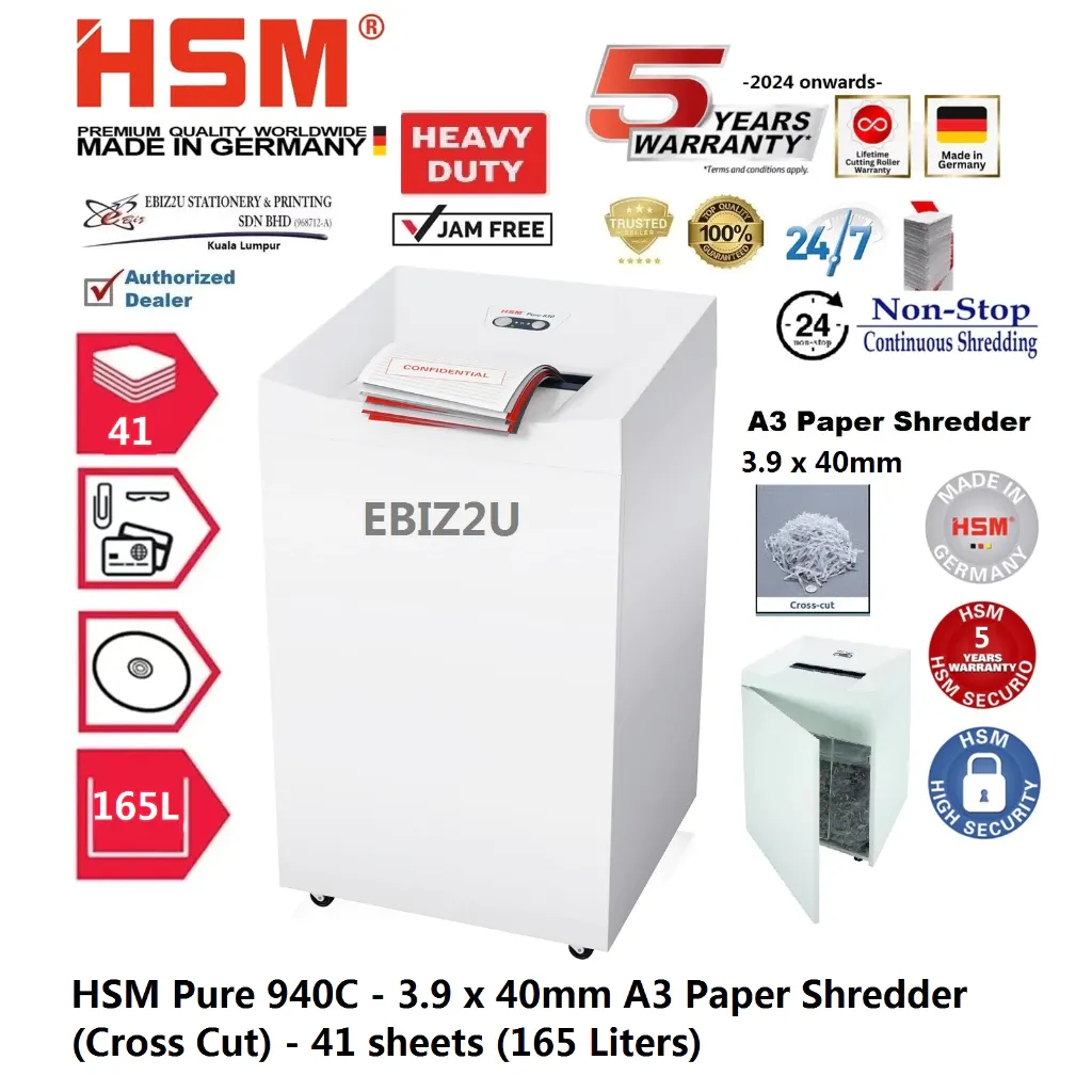 HSM Pure 940C - 3.9 x 40mm A3 Paper Shredder (Cross Cut) - 41 sheets (165 Liters)