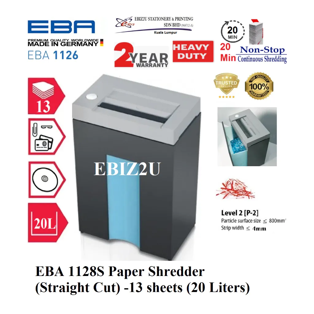 EBA 1128 S Paper Shredder (Straight Cut) 4mm 13 sheets 20 Liters) 20 mins non stop 1128S , Strip Cut