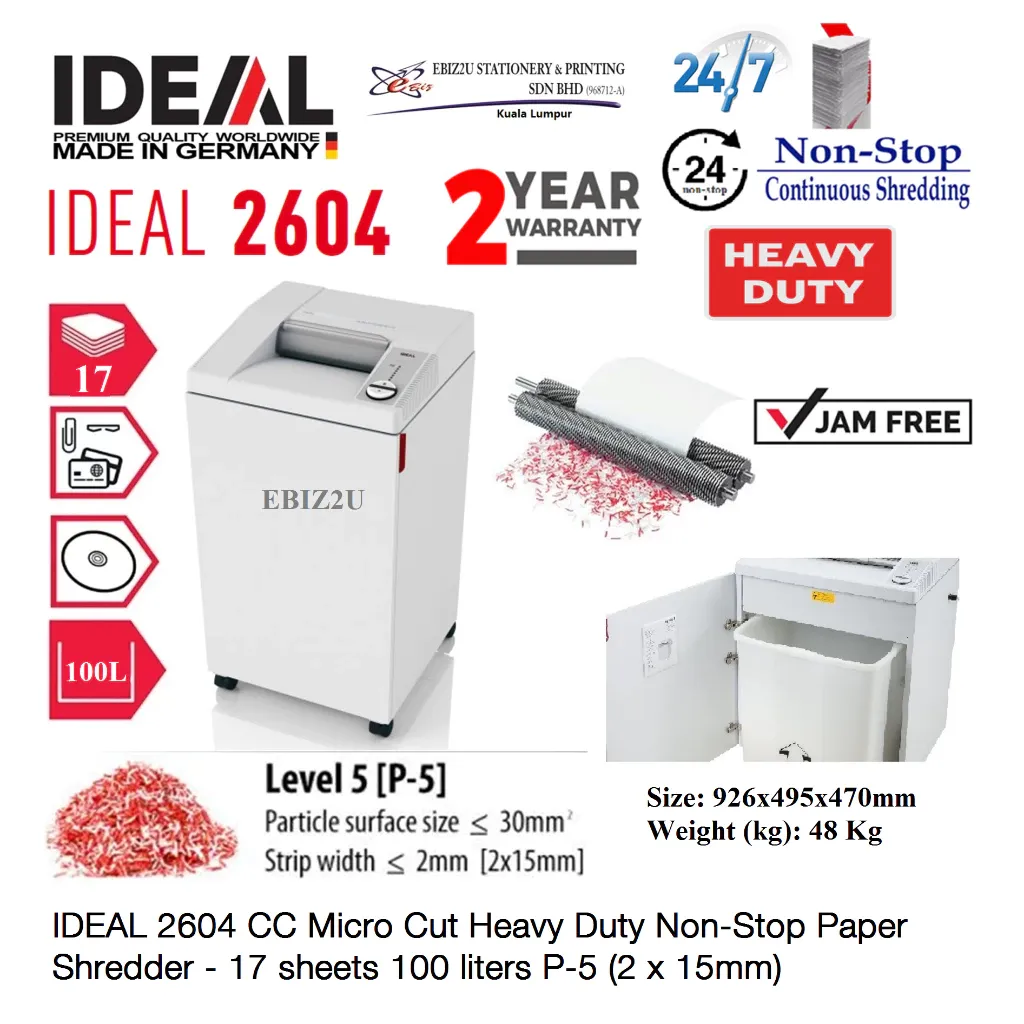 IDEAL 2604 CC 2 x 15mm Micro Cut Heavy Duty Non-Stop Paper Shredder - 17 sheets 100 liters 2604C