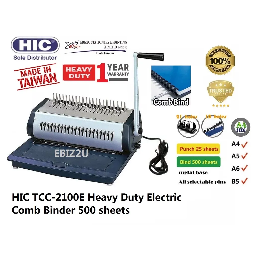 HIC TCC-2100E Heavy Duty Electric Comb Binder 500 sheets Comb Binder Machine heavy duty binder