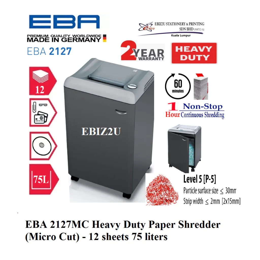 EBA 2127MC Heavy Duty Paper Shredder (Micro Cut) 2x15mm 12 sheets (75 liters) 2127 -1 hour non stop)