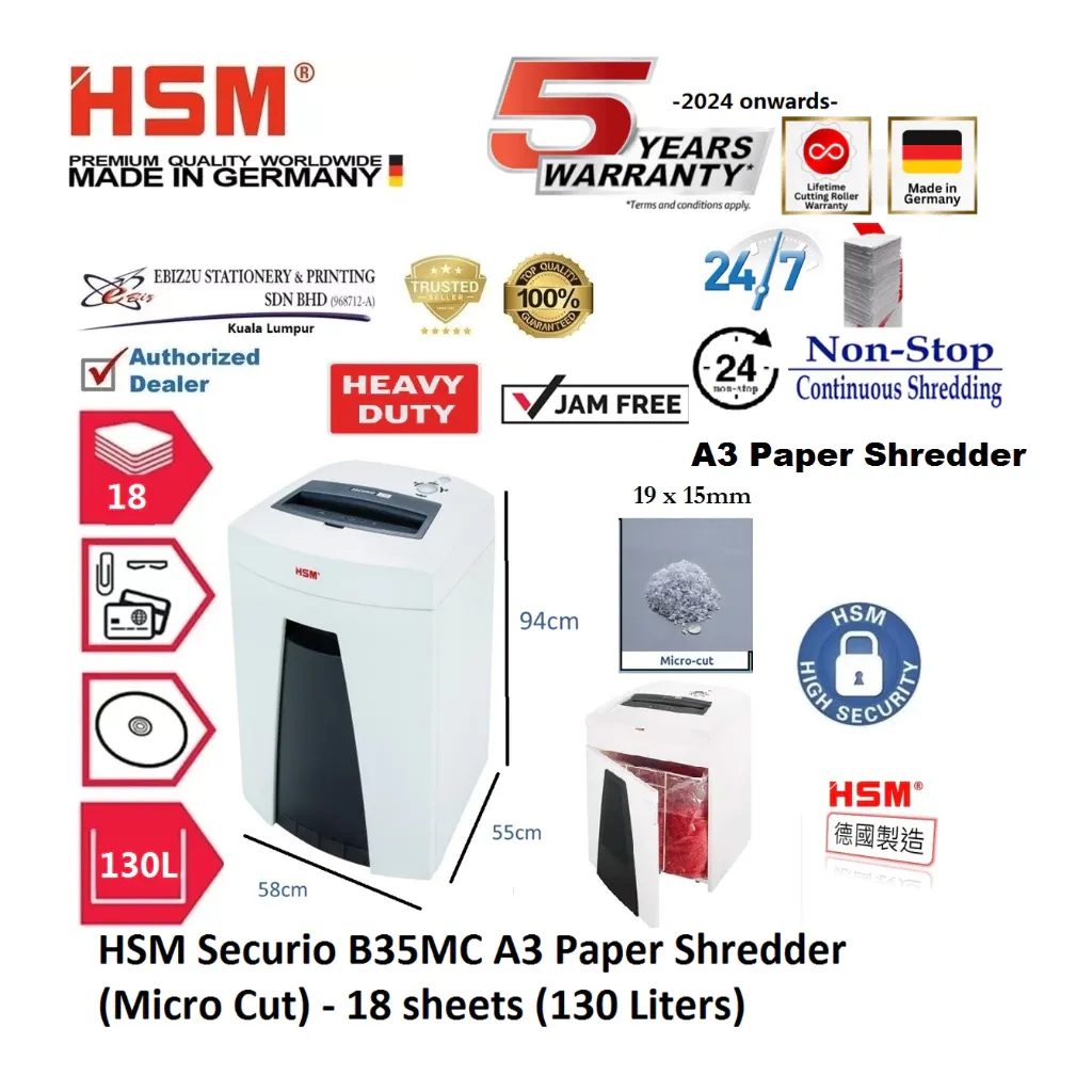 HSM Securio B35 MC A3 Paper Shredder (Micro Cut - 1.9 x 15mm) - 18 sheets (130 Liters)