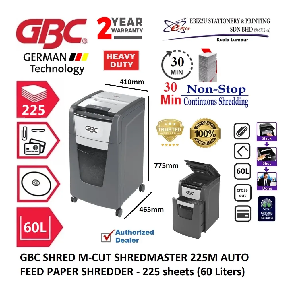 GBC SHRED M-CUT SHREDMASTER 225M AUTO FEED PAPER SHREDDER - 225 sheets (60 Liters) (Micro Cut, Paper Shredder, Shredder Machine, Office Shredder, Heavy Duty Shredder, Mesin Penghancur Kertas)