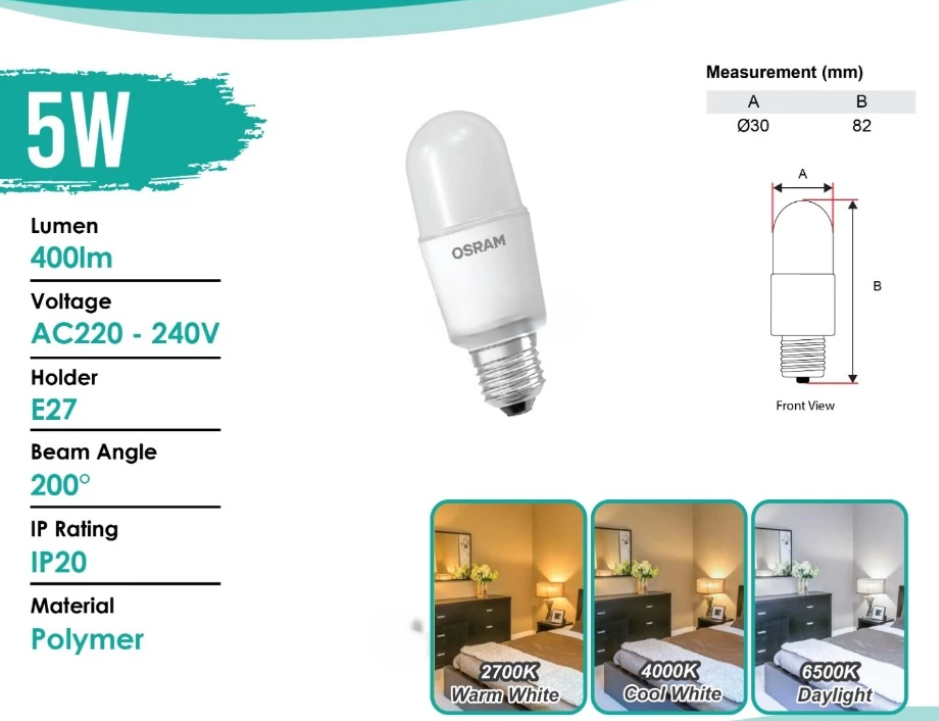 OSRAM LED Stick Bulb 5W LED Stick Bulb E27 Holder (3000k WarmWhite)