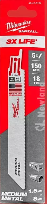 Milwaukee 6" 18TPI Metal Sawzall Blade, Medium Metal 1.5mm - 8mm (48-47-5184)/1 pck=5 pcs