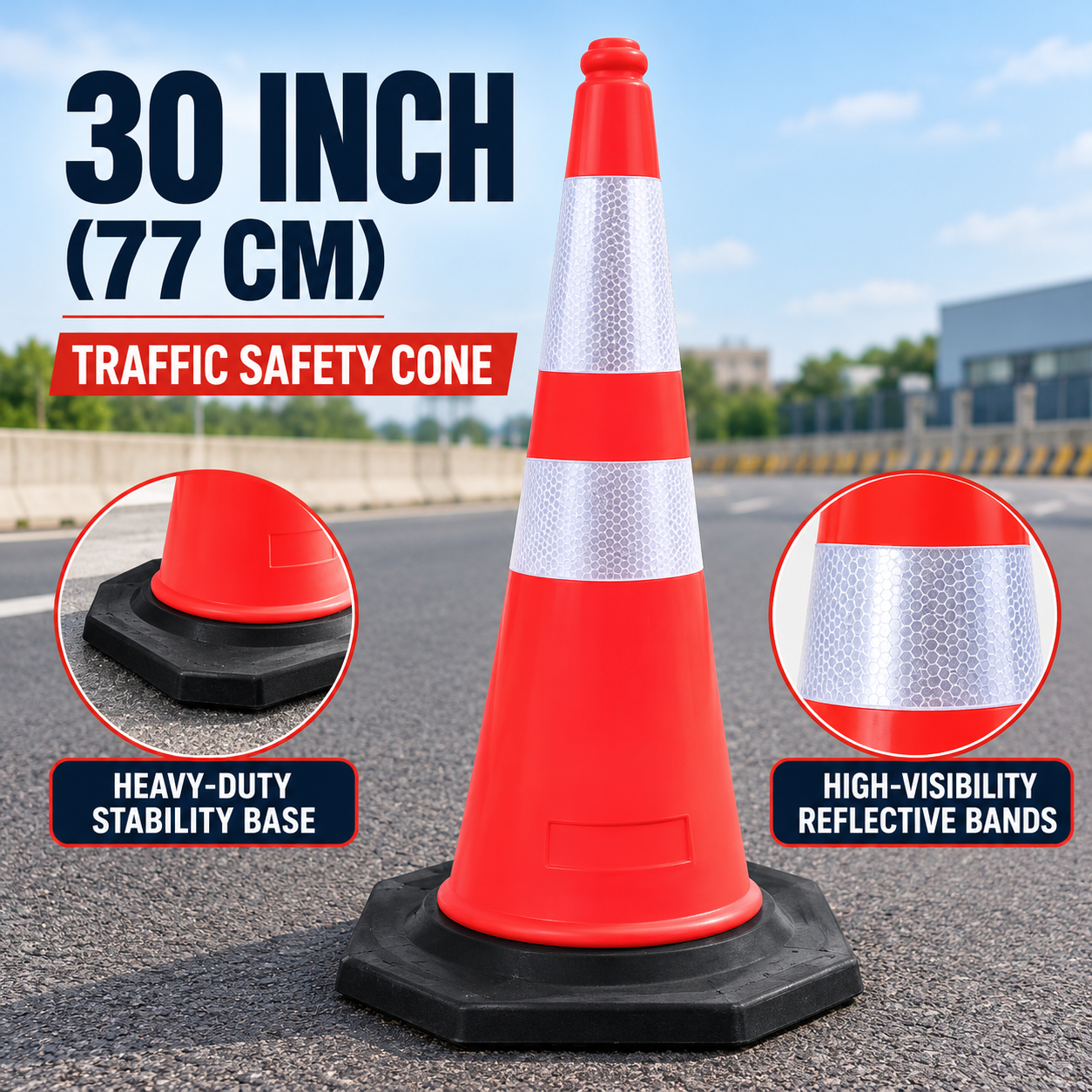 30 Inch (77cm) Heavy Duty PVC Traffic Safety Cone with Reflective Sticker