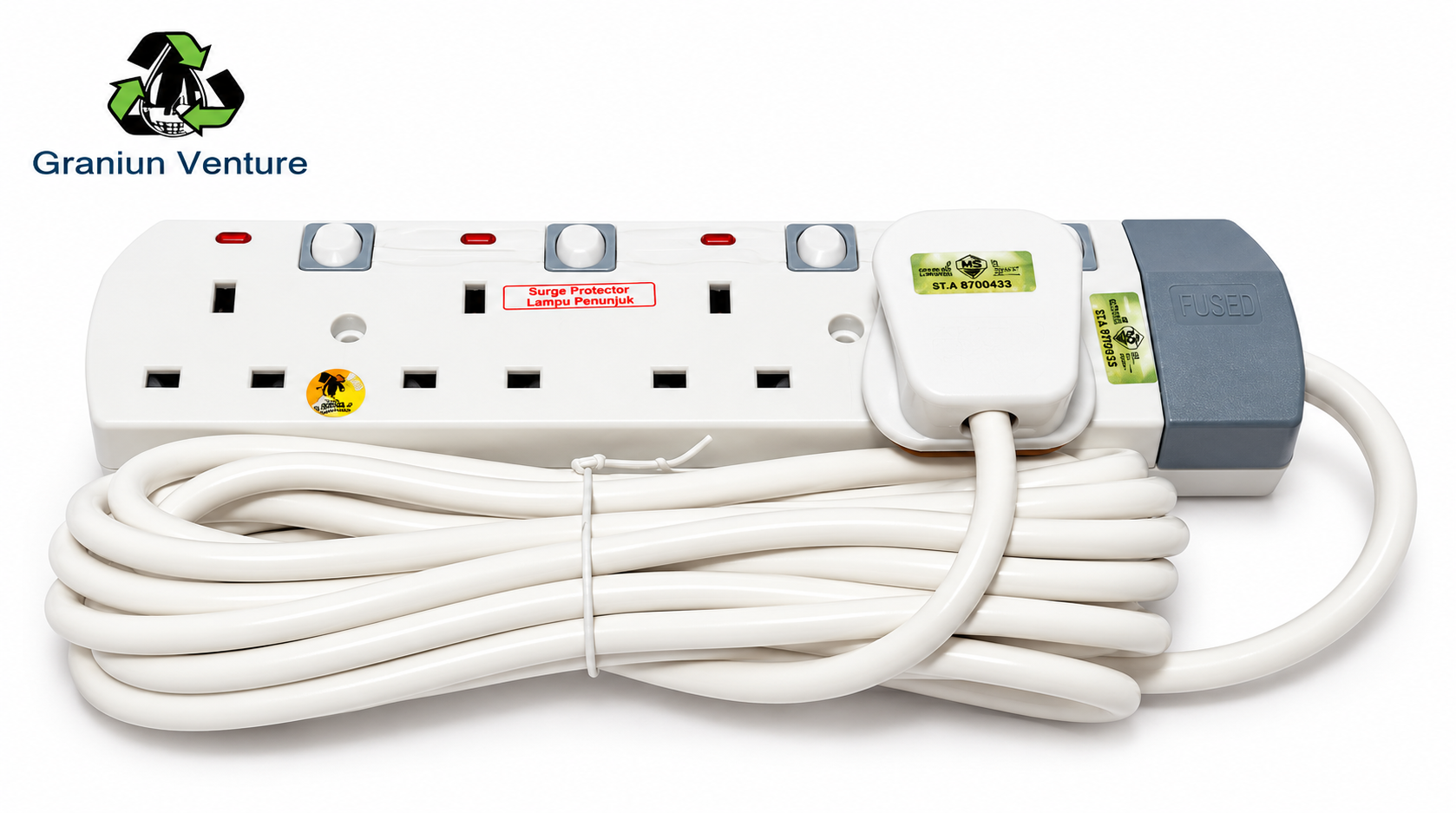4 Gang 5 Meter Extension Socket White with Switch [SIRIM]