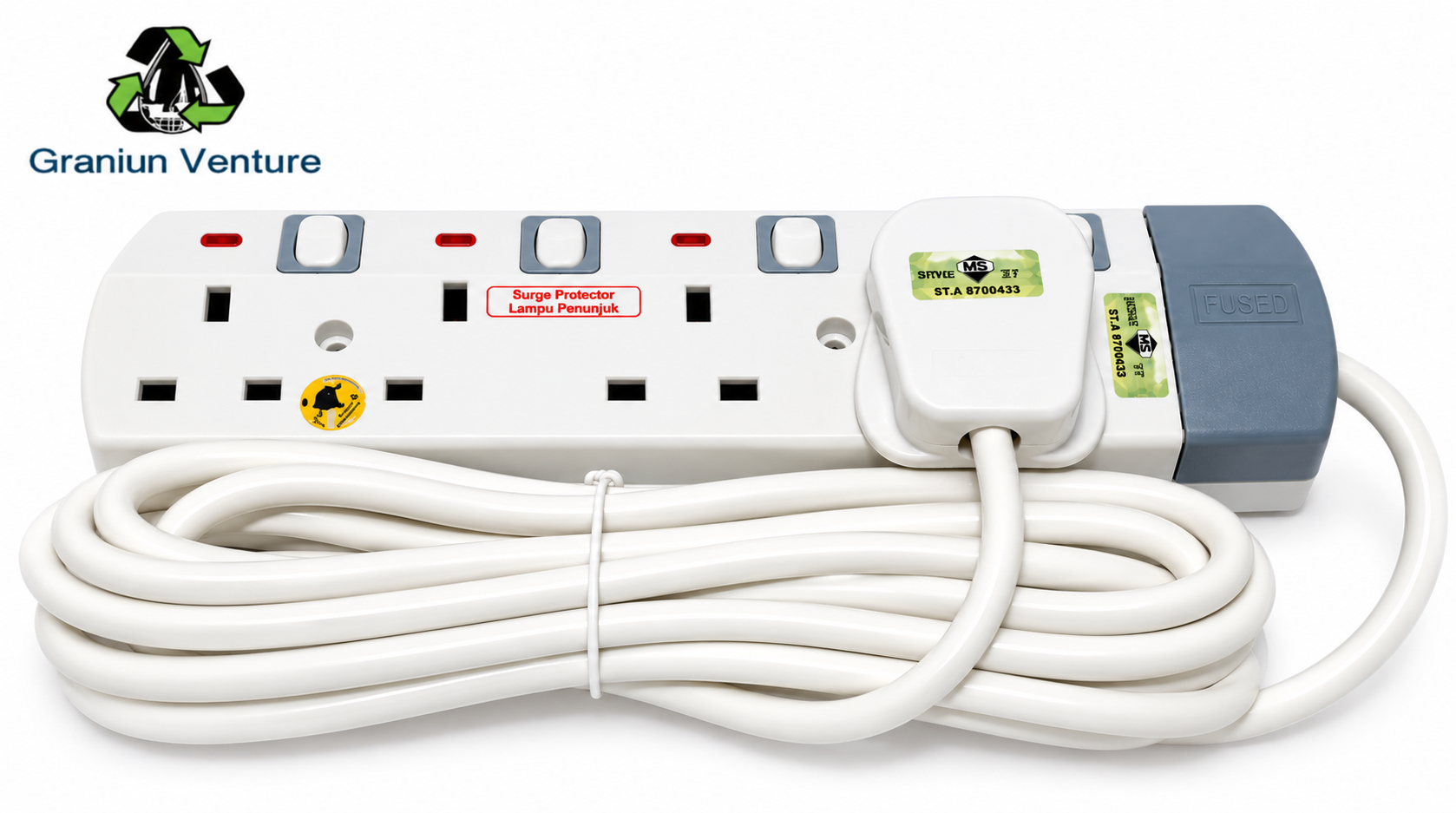 3 Gang 5 Meter Extension Socket White with Switch [SIRIM]