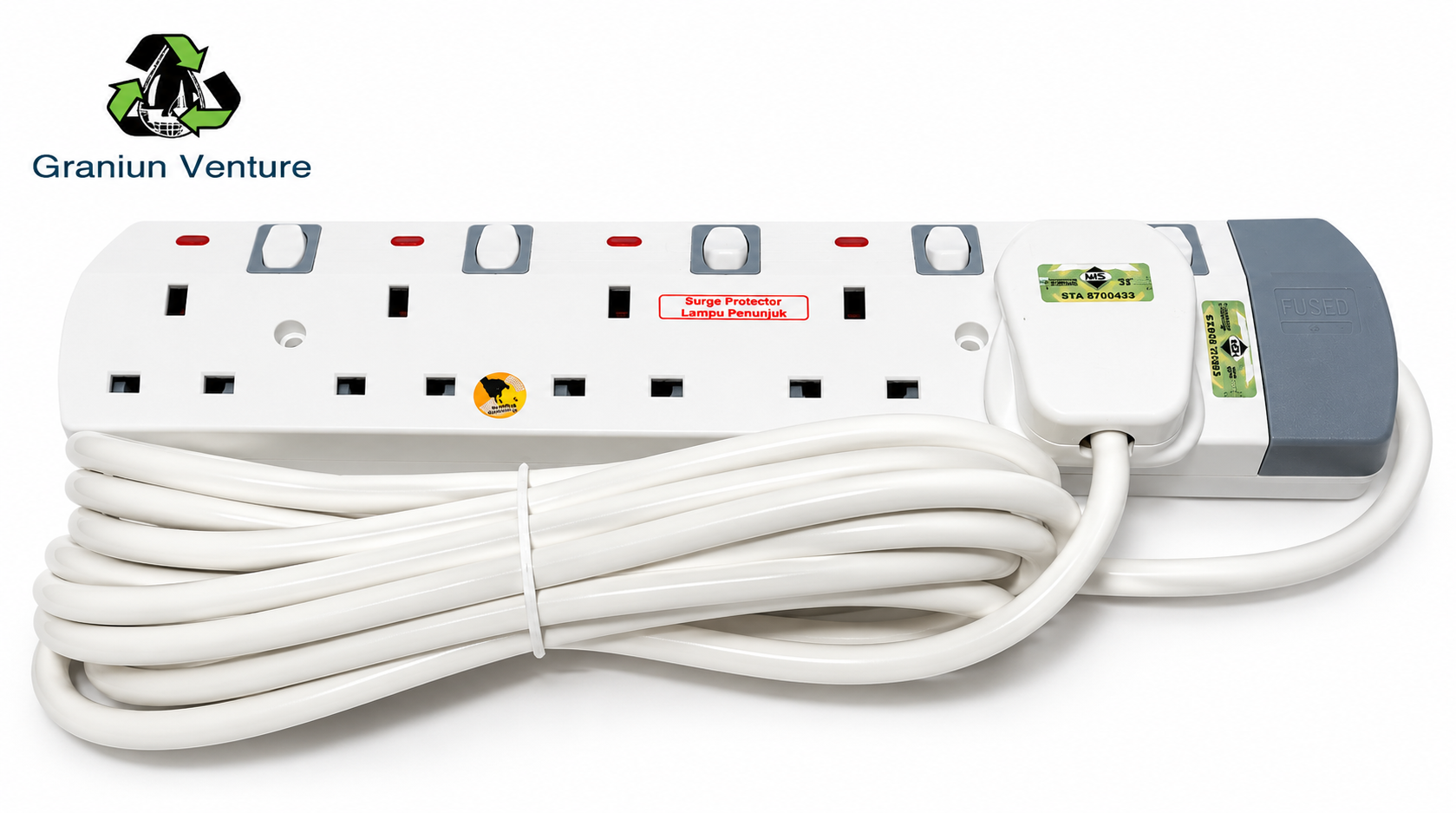 5 Gang 2 Meter Extension Socket White with Switch [SIRIM]