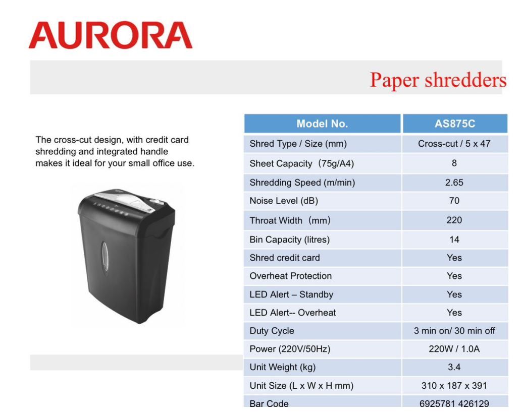 Aurora Paper Shredder AS875C