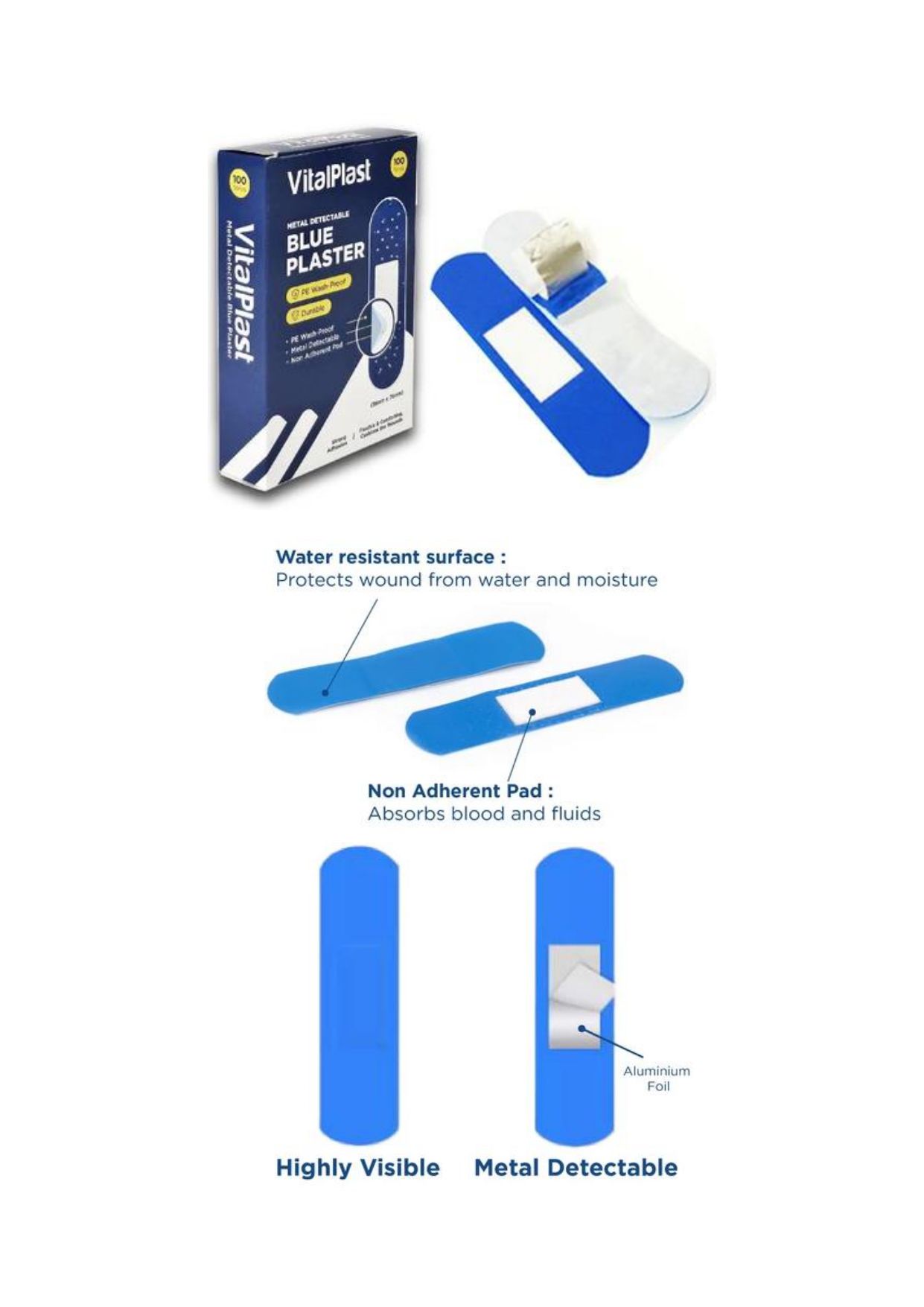 VitalPlast PE Blue Plaster METAL DETECTABLE (100's/Box)
