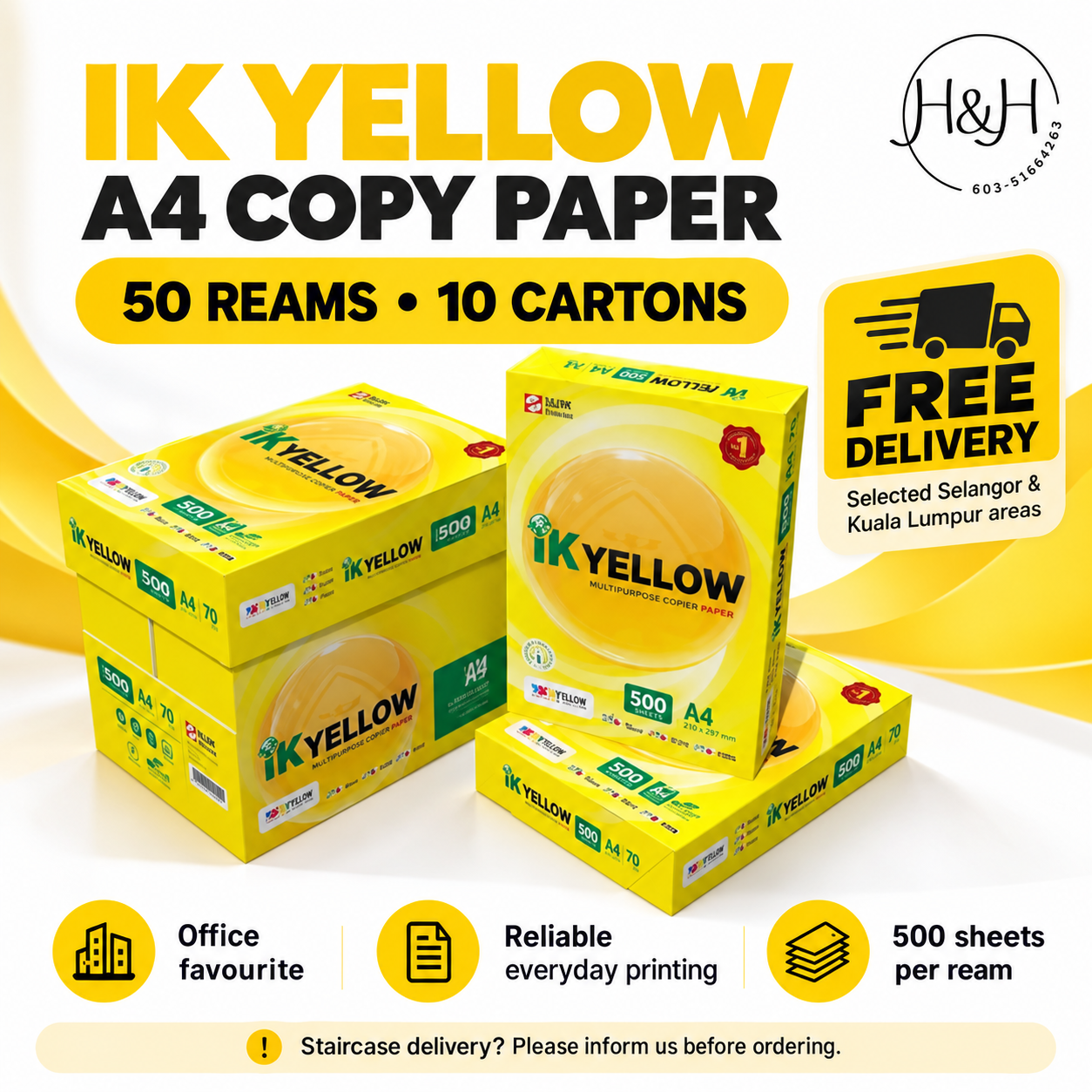 IK Yellow A4 70gsm Copy Paper 500 Sheets – 50 Reams (10 Cartons）