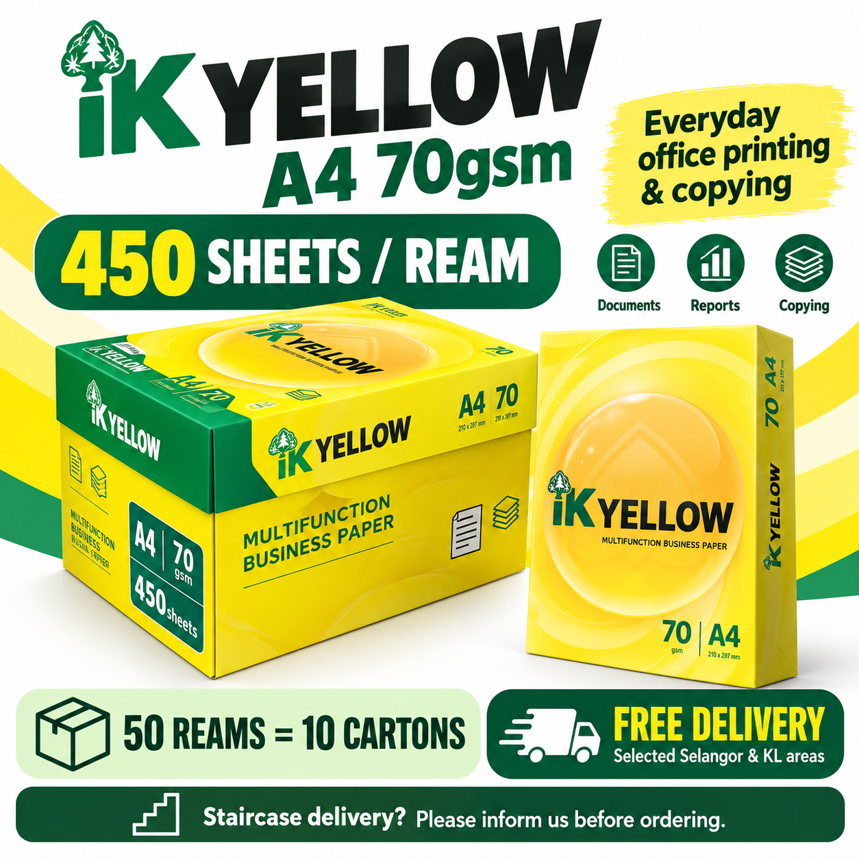 IK Yellow A4 70gsm Copy Paper 450 Sheets – 50 Reams (10 Cartons)