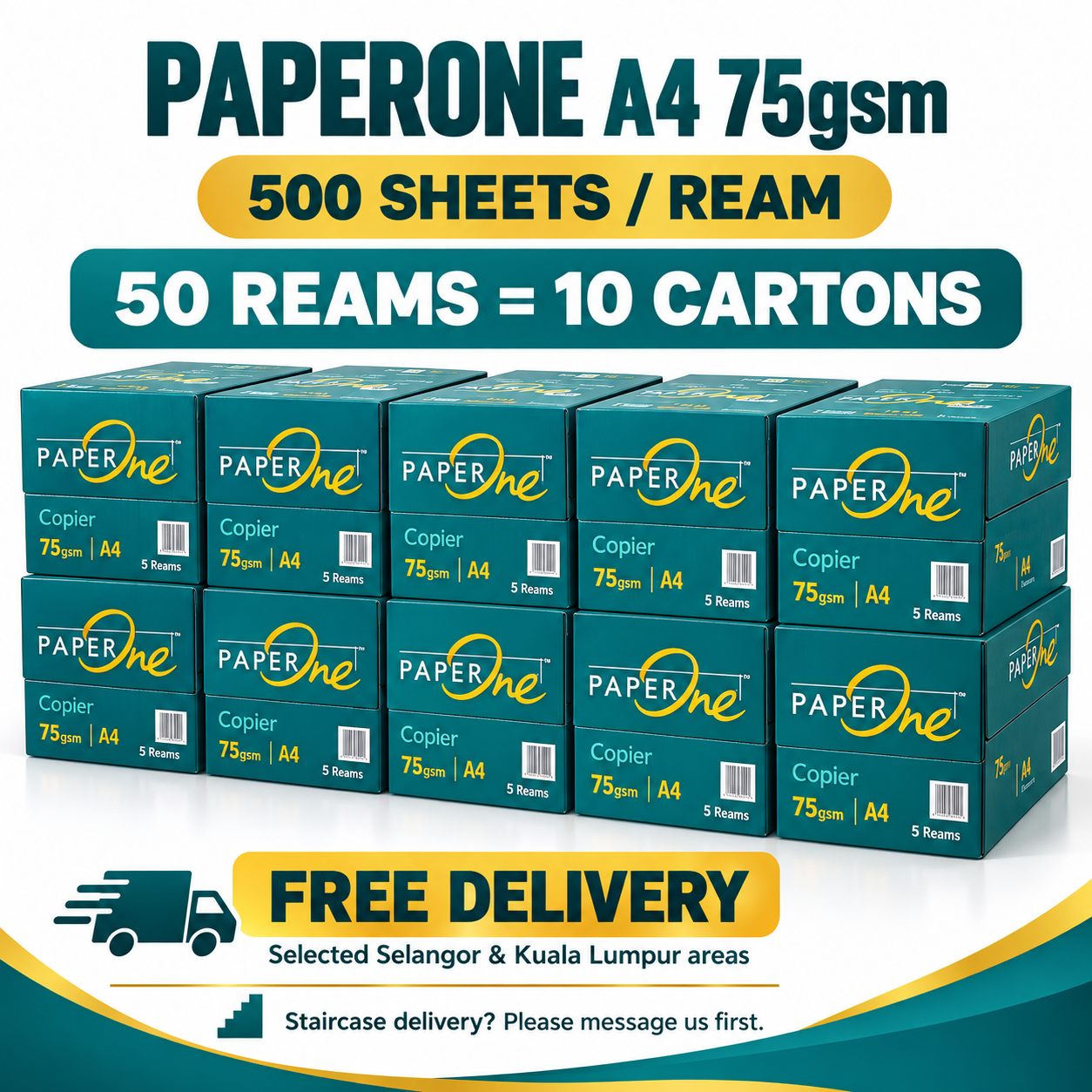 PaperOne Copier A4 75gsm 500 Sheets – 50 Reams (10 Cartons)