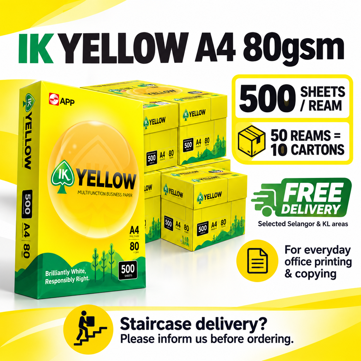 IK Yellow A4 80gsm Copy Paper 500 Sheets – 50 Reams (10 Cartons)