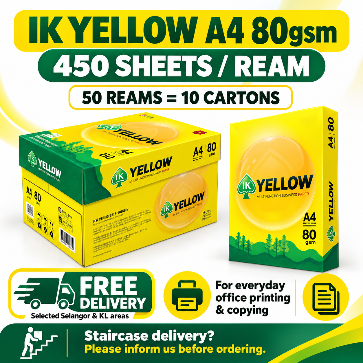 IK Yellow A4 80gsm Copy Paper 450 Sheets – 50 Reams (10 Cartons)