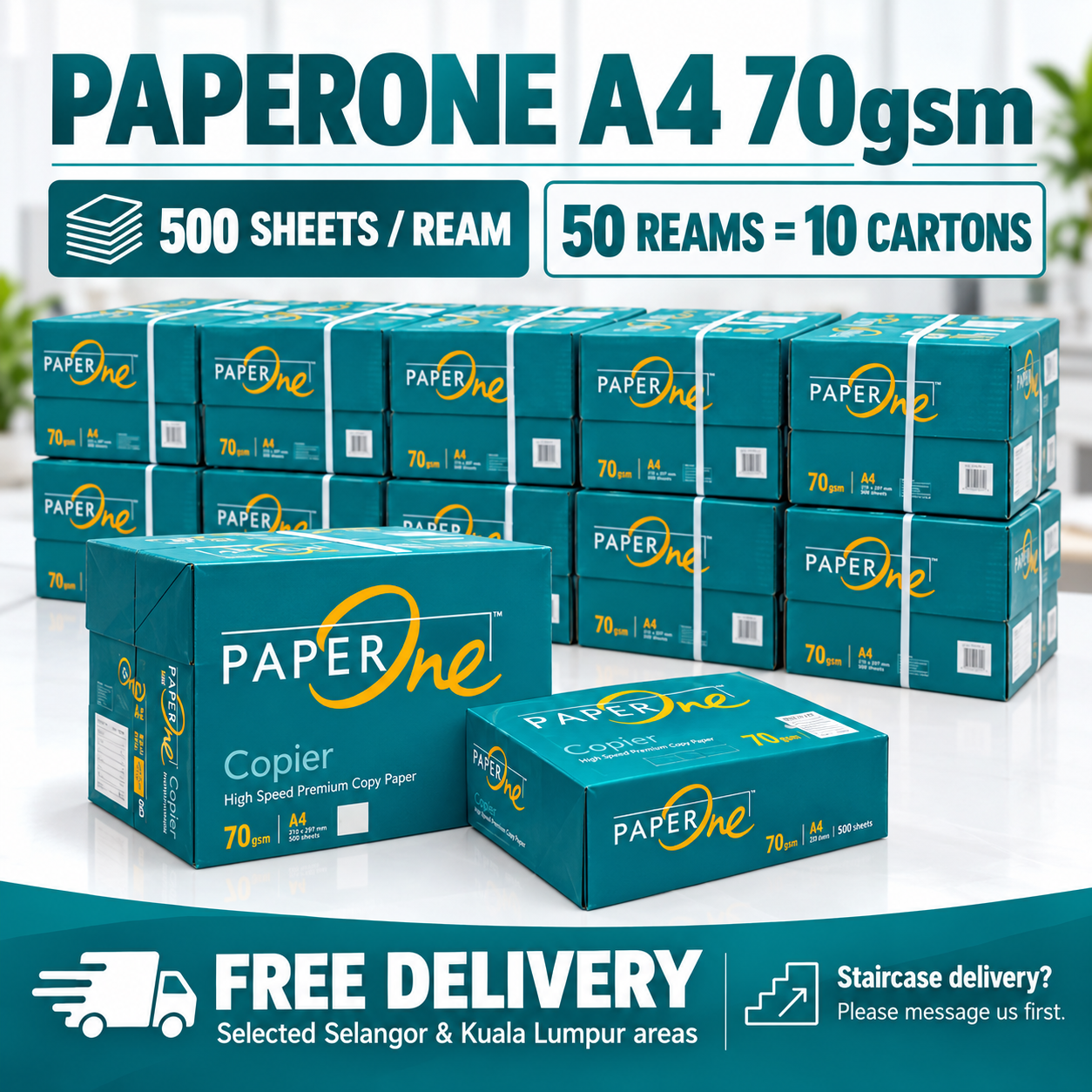 PaperOne Copier A4 70gsm 500 Sheets – 50 Reams (10 Cartons)